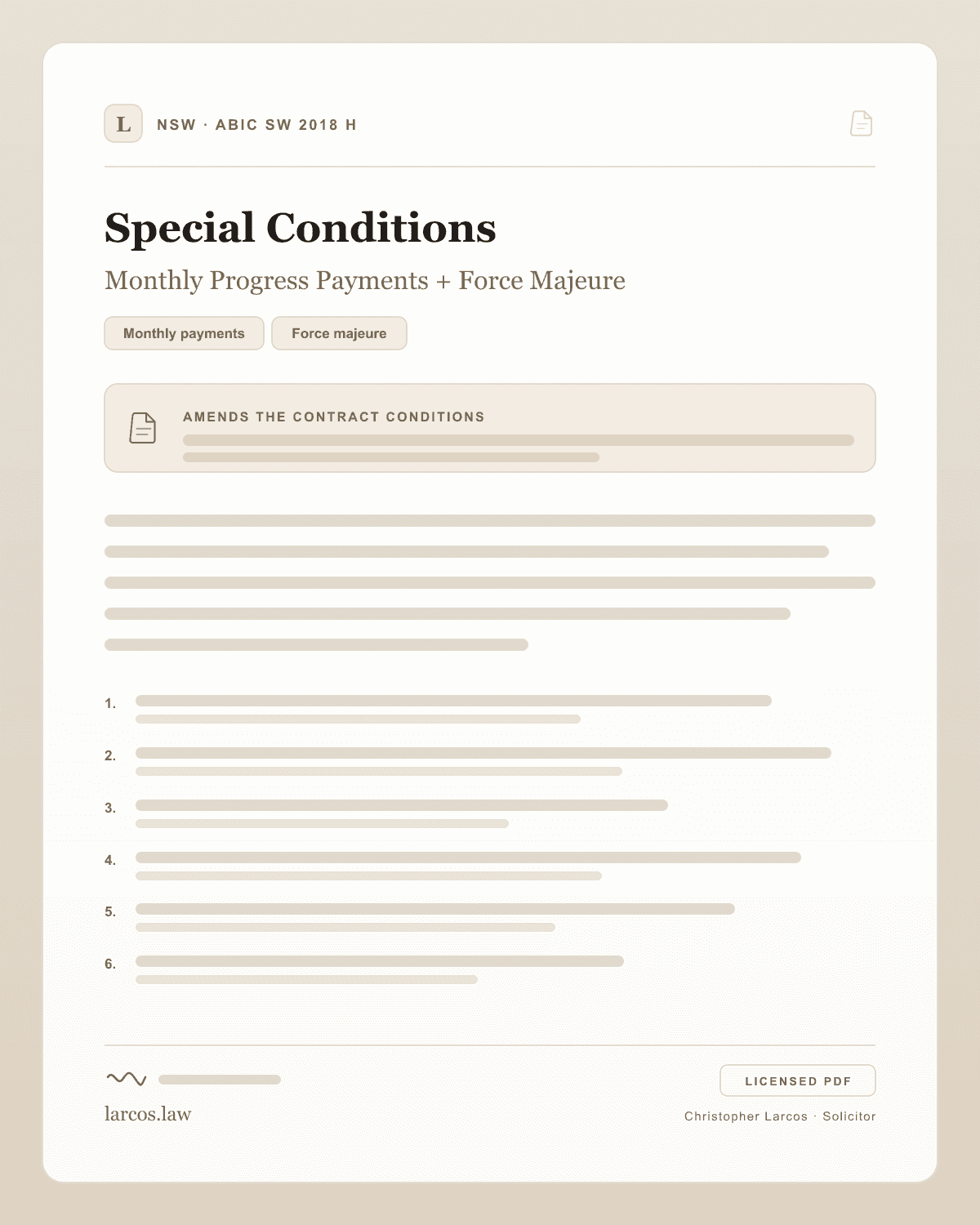 ABIC SW 2018 H NSW - Monthly Progress Payments + Force Majeure Special Conditions product artwork
