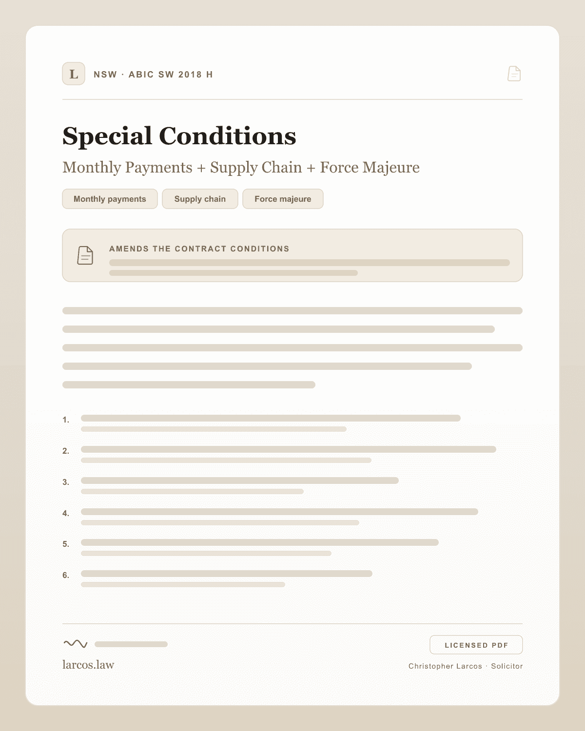 ABIC SW 2018 H NSW - Monthly Progress Payments + Supply Chain + Force Majeure Special Conditions product artwork